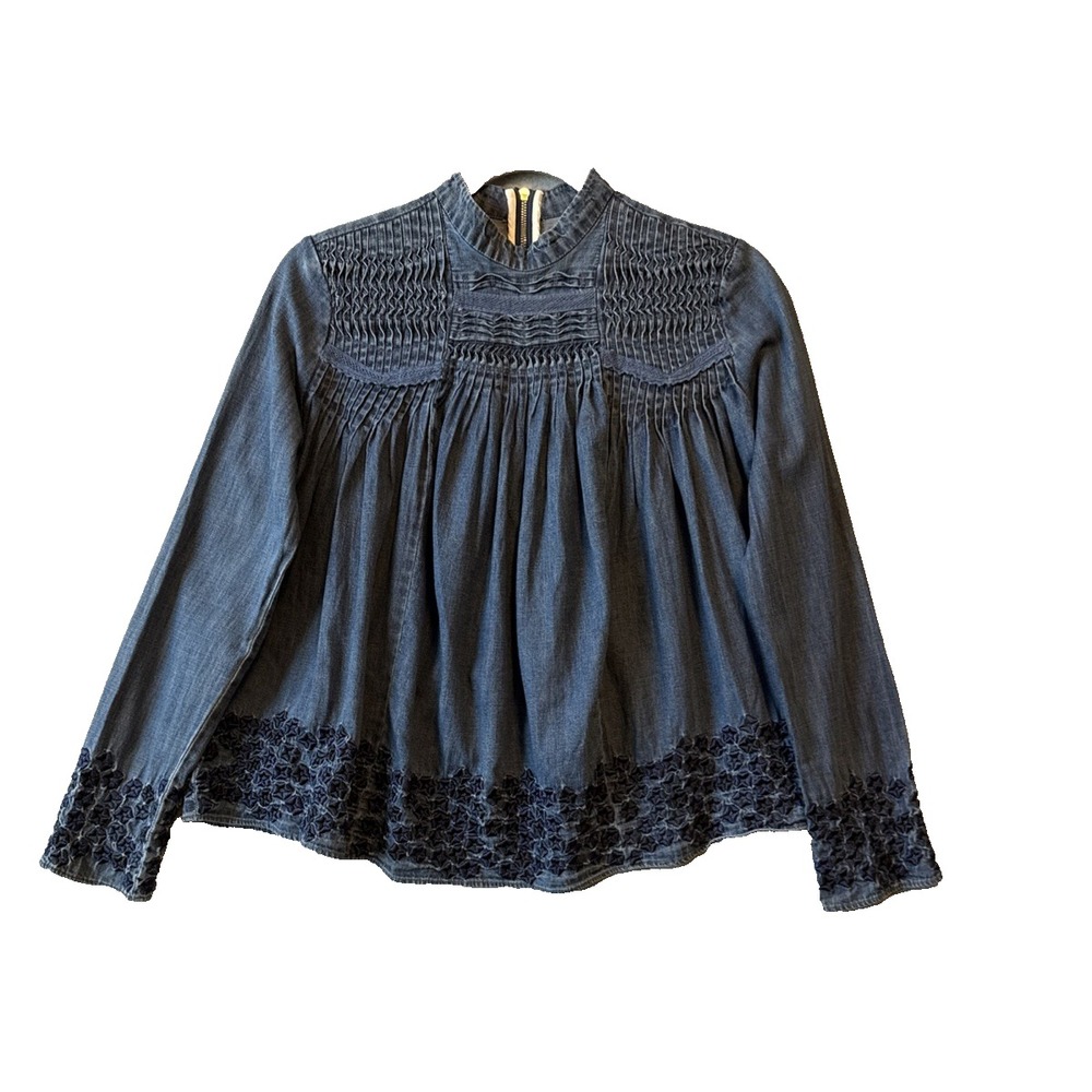 Needle & Thread Blue Denim Blouse 2 Smocked High Neck Embroidered Lace Cottage